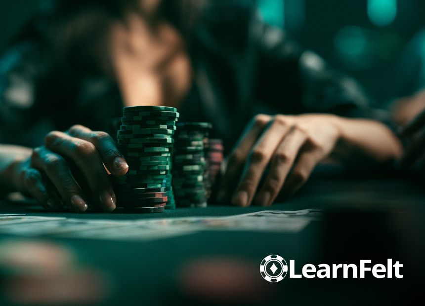 A poker player with both hands around tall stacks of green chips on the table, ready to push them forward