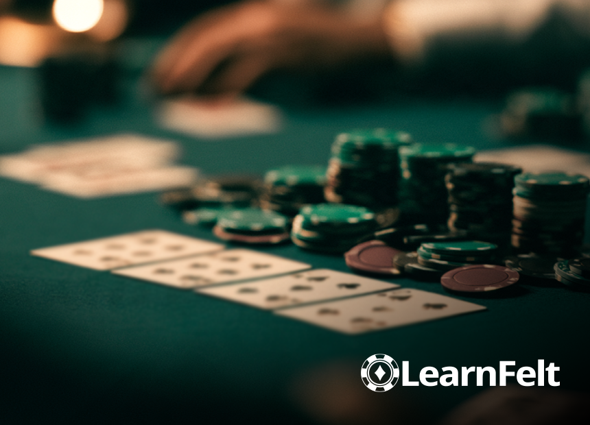 Four playing cards face up in a row on a green poker table next to stacks of chips